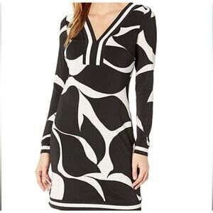 Trina‎ Turk Midi Dress Womens 4 Finn Black White Geometric Long Sleeves Groovy